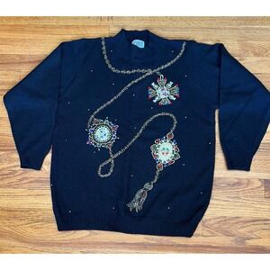 Vintage Koret Black Beaded Sweater S Jeweled Medallion‎ Embroidery Holiday EUC